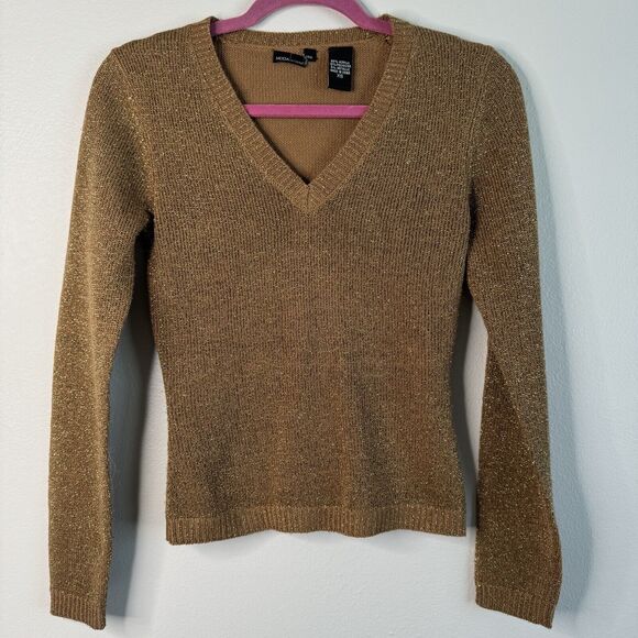 Moda International Sparkly Gold V-neck Sweater XS Petite Friendly Vintage Y2K - Picture 1 of 10